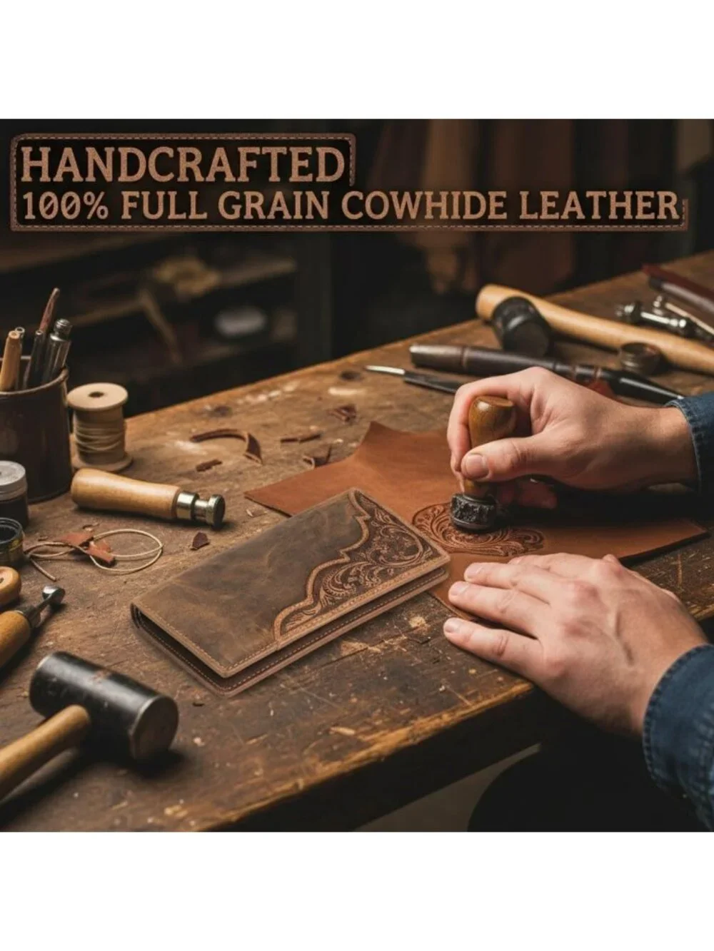 Vintage Genuine Leather Long Bifold Wallet for Men - RFID Protection, Brown